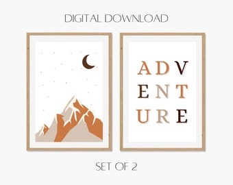 Orange Adventure Kids Room Print Set of 2 | Adventure Nursery Wall Art | Mountain Scene Art | Neutral Kids Room Art | Neutral Nursery Decor