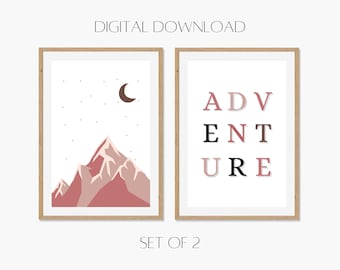 Pink Adventure Kids Room Print Set of 2 | Adventure Nursery Wall Art | Mountain Scene Art | Neutral Kids Room Art | Neutral Nursery Decor
