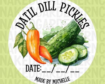 Custom Datil Dill Pickles Canning Labels for Regular Mouth Jar or Wide Mouth Jar - Sheet of 12 - Canning Stickers / Labels / Customize