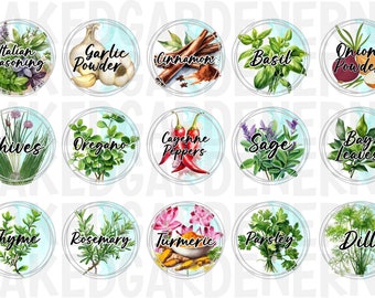 Standard Herb Jar Labels for Lids, Glass, or Plastic - SET OF 15 -  Herb Jars/ Herb Jar Labels / Labels / Customize / Watercolor Herbs