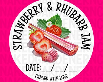 Inbliklabels voor aardbeien- en rabarberjam voor gewone pot of pot met wijde opening - vel van 12 - stickers / labels voor inblikken / aanpassen