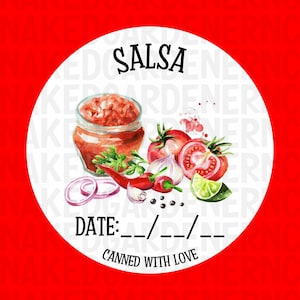 May include: A white circle label with the word "SALSA" in black text. The label has a watercolor illustration of a jar of salsa, tomatoes, onions, garlic, chili peppers, lime, and peppercorns. The label also includes the text "DATE:__/__/__" and "CANNED WITH LOVE".