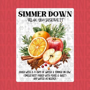 Può includere: Un cartello rettangolare bianco con le parole "SIMMER DOWN" e "RELAX. YOU DESERVE IT" in nero. L'immagine presenta una fetta d'arancia, una mela, bastoncini di cannella e anice stellato. Il testo in basso recita "COVER WITH 3-4 CUPS OF WATER & SIMMER ON LOW. (SMELLS BEST PAIRED WITH PEACE & QUIET) ADD WATER AS NEEDED."