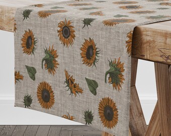 Camino de mesa de lino con girasoles, camino de mesa de lino beige en jaspeado, camino de mesa floral, decoración para el hogar