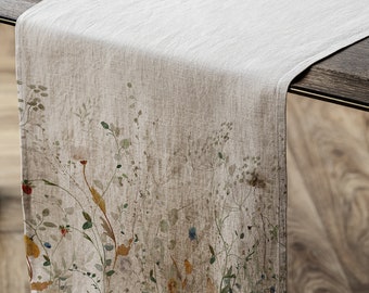Linen Table Runner Meadow Linen Table Runner Dinning Room, Beige Linen in Melange, Floral Table Runner Home Decorative