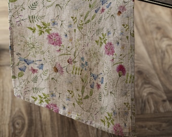 Linen Table Runner Floral Linen Table Runner Dinning Room, Beige Linen in Melange, Meadow Table Runner Home Decorative