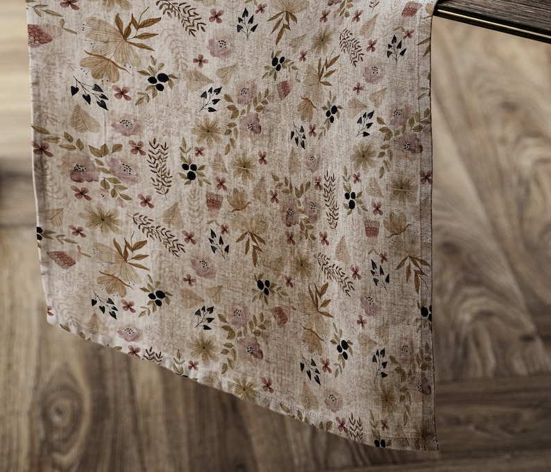 Leinen Tischläufer Herbst Blumen Leinen Tischläufer Esszimmer, Beige Leinen in Melange, Floral Tischläufer Home Dekorativ Bild 1