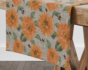 Camino de mesa de lino con girasoles, camino de mesa de lino beige en jaspeado, camino de mesa floral, decoración para el hogar