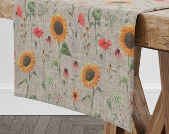 Camino de mesa de lino con girasoles, camino de mesa de lino beige en jaspeado, camino de mesa floral, decoración para el hogar