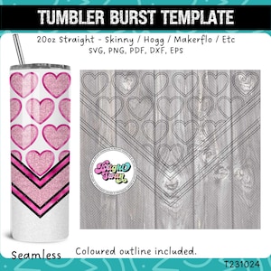 Op de afbeelding: Een 20 ounce tumbler sjabloon met een roze en wit hartpatroon en een roze en zwart chevron ontwerp. Het sjabloon is naadloos en bevat een gekleurde omtrek. De tekst "Tumbler Burst Template" staat bovenaan de afbeelding. De tekst "20oz Straight - Skinny / Hogg / Makerflo / Etc" staat onder het sjabloon. De tekst "SVG, PNG, PDF, DXF, EPS" staat daaronder. De tekst "Seamless" staat linksonder in de afbeelding. De tekst "Coloured outline included." staat onderin het midden van de afbeelding. De tekst "T231024" staat rechtsonder in de afbeelding.