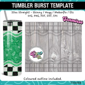 Peut inclure: Modèle de conception numérique pour un gobelet droit de 20 onces avec un motif à carreaux vert et blanc, un motif floral vert et un fond en bois. Le motif est sans couture et comprend un contour coloré. Le texte "Seamless" et "Bright Tway" sont également inclus dans la conception.