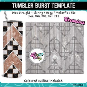 Peut inclure: Modèle de conception numérique pour un gobelet droit de 20 onces avec un motif à carreaux noir et blanc et un motif en chevron brun. Le motif est sans couture et comprend un contour coloré. Le modèle est disponible aux formats SVG, PNG, PDF, DXF et EPS.