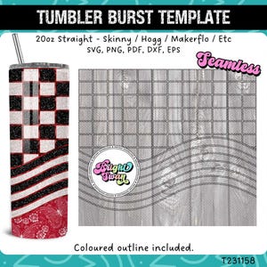 Peut inclure: Un design de gobelet de 20 onces avec un motif à carreaux rouges et noirs, un motif rayé rouge, blanc et noir et un motif de bandana rouge. Le motif est sans couture et comprend un contour coloré. Le motif est destiné à être utilisé avec un gobelet droit, fin ou effilé.