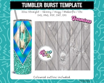 May include: A turquoise and blue tumbler design with a diamond pattern. The design is seamless and can be used for 20oz straight, skinny, Hogg, Makerflo, and other tumblers. The design is available in SVG, PNG, PDF, DXF, and EPS formats. The text "Seamless" is in the upper right corner of the image.