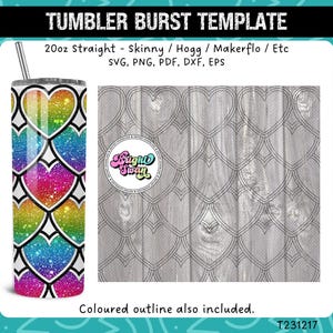 Overlapping Hearts Burst Tumbler Template for 20oz 30oz Straight | Seamless SVG, DXF, EPS, png | Skinny Hogg Makerflo Cut Template