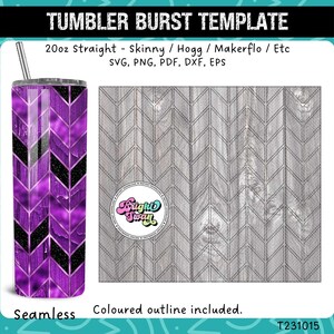 May include: A purple and black chevron pattern tumbler design with a wood grain background. The design is seamless and includes a colored outline. The design is for a 20 ounce straight tumbler and is available in SVG, PNG, PDF, DXF, and EPS formats.