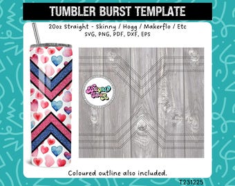 May include: A 20 ounce straight tumbler with a pink and blue chevron pattern and watercolor hearts. The tumbler is on a woodgrain background. The text "Tumbler Burst Template" is at the top of the image. The text "20oz Straight - Skinny / Hogg / Makerflo / Etc" is below the tumbler. The text "SVG, PNG, PDF, DXF, EPS" is below that. The text "Bright Swan" is in a circle below the tumbler. The text "Coloured outline also included." is below the tumbler. The text "T231225" is in the bottom right corner of the image.