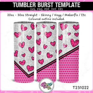 May include: A sublimation design template for a 20oz or 30oz tumbler featuring a silver glitter background with pink hearts and a pink and white striped pattern. The design includes a black and white diagonal stripe with a pink polka dot pattern. The text "T231022" is included in the design.