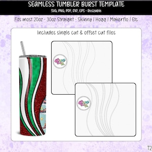 Può includere: Un modello di tumbler senza cuciture con un design adatto a tumbler dritti da 20 oz a 30 oz. Il modello include file SVG, PNG, PDF, DXF ed EPS. Il design presenta uno sfondo rosso glitterato con strisce ondulate verdi e bianche. Il testo sull'immagine dice "SEAMLESS TUMBLER BURST TEMPLATE".