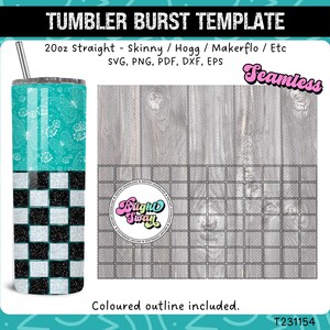 Peut inclure: Un modèle de gobelet de 20 onces avec un motif à carreaux noir et blanc avec des accents de paillettes et un dessus turquoise avec un motif floral. Le modèle est sans couture et comprend un contour coloré. Le texte "Seamless" et "Bright Sway" est visible sur l'image.