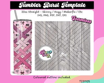 May include: A pink and white tumbler design with a pattern of pink and white stripes and a ghost graphic. The design is seamless and can be used for 20oz straight, skinny, or other types of tumblers. The design is available in SVG, PNG, PDF, DXF, and EPS formats. The text "Seamless" is in the top right corner of the image. The text "T231105" is in the bottom right corner of the image.