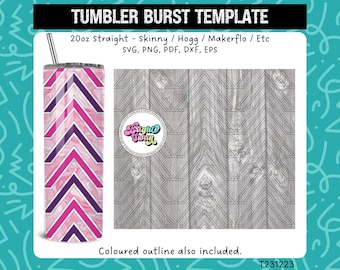 May include: A 20 ounce straight tumbler with a pink and purple chevron pattern. The tumbler is on a woodgrain background with a white outline of the chevron pattern. The text "Bright Swan" is in a circle on the background. The text "Tumbler Burst Template" is at the top of the image. The text "20oz Straight - Skinny / Hogg / Makerflo / Etc" is below the template title. The text "SVG, PNG, PDF, DXF, EPS" is below the tumbler size and style. The text "Coloured outline also included." is at the bottom of the image. The text "T231223" is in the bottom right corner of the image.