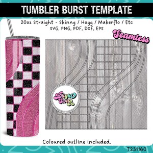 Peut inclure: Modèle de conception numérique pour un gobelet de 20 onces avec un motif à carreaux rose et noir et un tourbillon rose. Le motif est sans couture et comprend un contour coloré. Le modèle est disponible aux formats SVG, PNG, PDF, DXF et EPS.