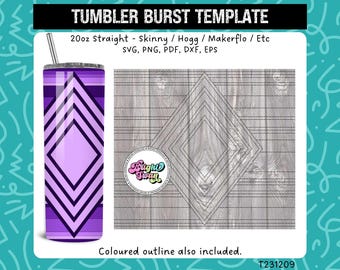 May include: A purple and black geometric design on a 20 ounce straight tumbler. The design is a series of overlapping diamonds. The tumbler is for use with a sublimation printer. The text "Tumbler Burst Template" is at the top of the image. The text "20oz Straight - Skinny / Hogg / Makerflo / Etc" is below the template title. The text "SVG, PNG, PDF, DXF, EPS" is below the tumbler size and style description. The text "Coloured outline also included." is at the bottom of the image. The text "T231209" is in the bottom right corner of the image.