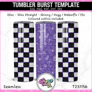 Peut inclure: Un modèle de conception numérique pour un gobelet de 20 oz ou 30 oz présentant trois motifs différents : un motif à carreaux noir et blanc avec des paillettes argentées, un motif de papillon violet et blanc et un motif à carreaux noir et blanc avec des paillettes argentées. Le texte « Seamless » et « T231156 » est également inclus dans l’image.