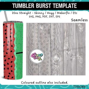 May include: A 20 ounce straight tumbler with a watermelon and green glitter design. The design is seamless and can be used for skinny, Hogg, Makerflo, and other types of tumblers. The design is available in SVG, PNG, PDF, DXF, and EPS formats. The text "Seamless" is at the top of the image. The text "Coloured outline also included." is at the bottom of the image. The text "T231049" is at the bottom right of the image.