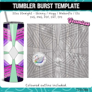 May include: A digital design template for a 20 ounce straight tumbler featuring a geometric pattern in pink, purple, and green. The design is seamless and includes a coloured outline. The text "Seamless" is in the top right corner of the image.