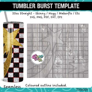 May include: A 20 ounce tumbler design template featuring a black and white chequered pattern with a gold starburst. The design is seamless and includes a coloured outline. The template is available in SVG, PNG, PDF, DXF, and EPS formats.