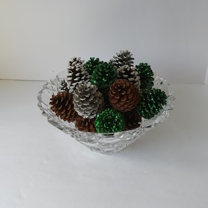 Christmas Decor, Christmas Decorations, Pinecones, Crystal Bowl, Holiday, Glittered Pinecones, Holiday Centerpiece, Christmas Centerpiece