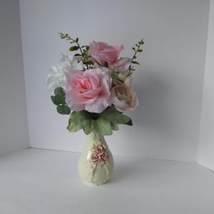 Cottage Core Pink Rose Porcelain Vase Pink Artificial Rose Bouquet Floral Arrangement Home Decor Home Accents