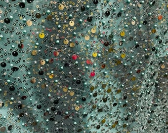 Hunter Green Beaded Sequins Lace Fabric - Italian Design
