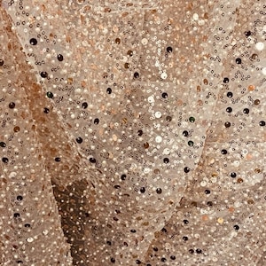 May include: A close-up of a sheer fabric with a delicate pattern of sequins and beads. The fabric is a light brown color and has a shimmery finish.