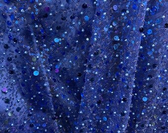 Royal Blue Beaded Sequins Lace Fabric, Italian Design