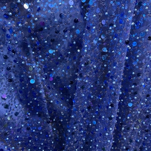 Royal blue heavy sequins beaded stone lace great fabrics for prom dress table cover and much more made in italy