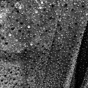 May include: Close-up of a silver sequined fabric with a textured, mesh-like background. The sequins are small and round, creating a shimmering effect.
