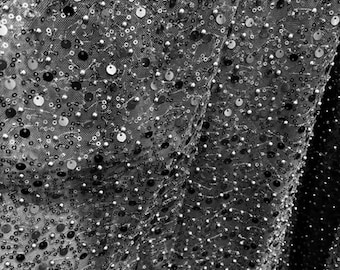 Black Heavy Sequins Beaded Stone Lace Fabric, Made in Italy