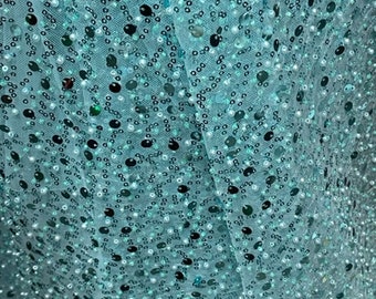 Aqua Sequin Beaded Lace Fabric, Italian Design