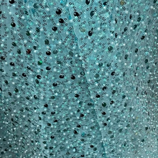 Aqua heavy sequins beaded stone lace great fabrics for prom dress table cover and much more made in italy