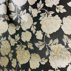 Black with silver yellow big flower Mikado brocade great for wedding dress prom table cover and more made in ITALY