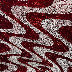 Red with white swirly design 4 way stretch sequins velvet great fabrics for prom dress table cover and much more made in Italy
