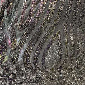 Black on black shinny 4 way stretch sequins lace great fabrics for prom dress table cover and much more made in France