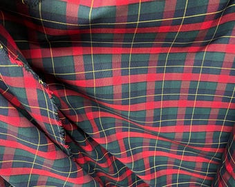 Poly Gabardine Plaid Fabric, Red Navy Green, Made in Scotland