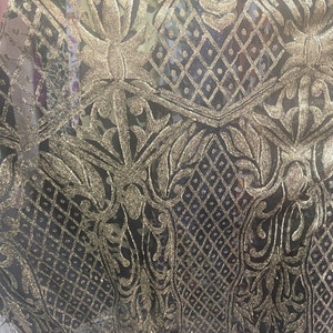 Black and antique gold  4 way stretch sequins lace great fabrics for prom dress table cover and much more made in France