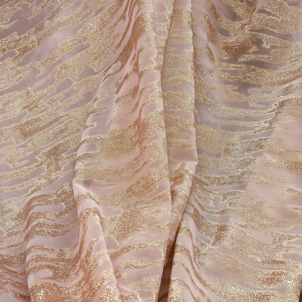 Gold metallic burnout on peach chiffon fabrics for dress prom jacket skirt shirt  and table cover and more made in ITALY