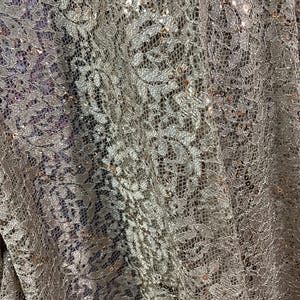 Può includere: Primo piano di un tessuto scintillante e strutturato. Il materiale è un pizzo grigio argento chiaro con intricati motivi floreali. Minuscole paillettes riflettenti sono sparse sulla superficie, aggiungendo una sottile brillantezza. Il tessuto sembra essere drappeggiato, creando morbide pieghe.