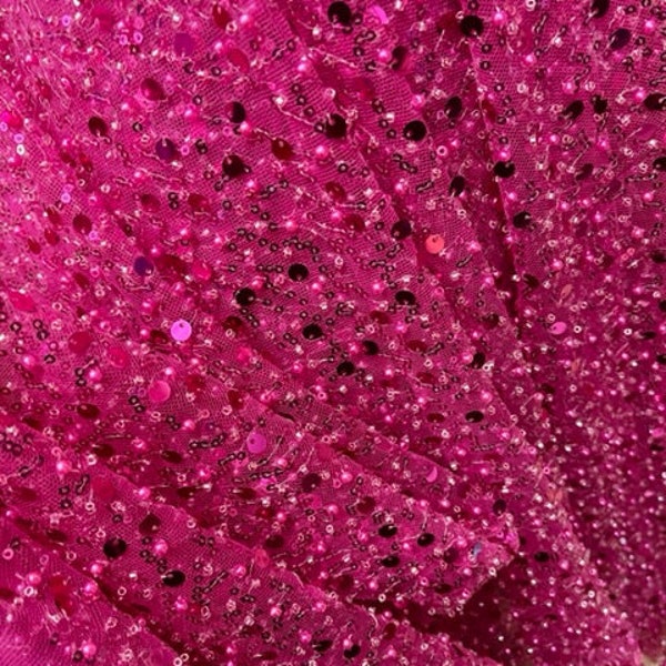 hot pink heavy sequins beaded stone lace great fabrics for prom dress table cover and much more made in italy